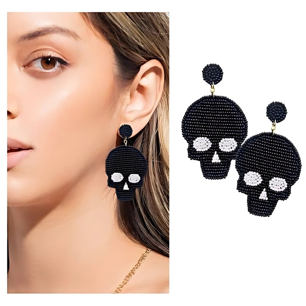 Halloween Theme Black Skull Seed Beaded Goth Dolls Kill Gift Large Drop Earrings